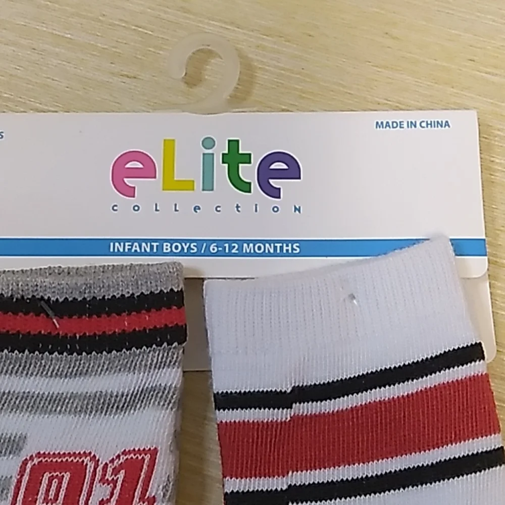 Elite Collection infant sports themed socks size 6-12 months white, red, black